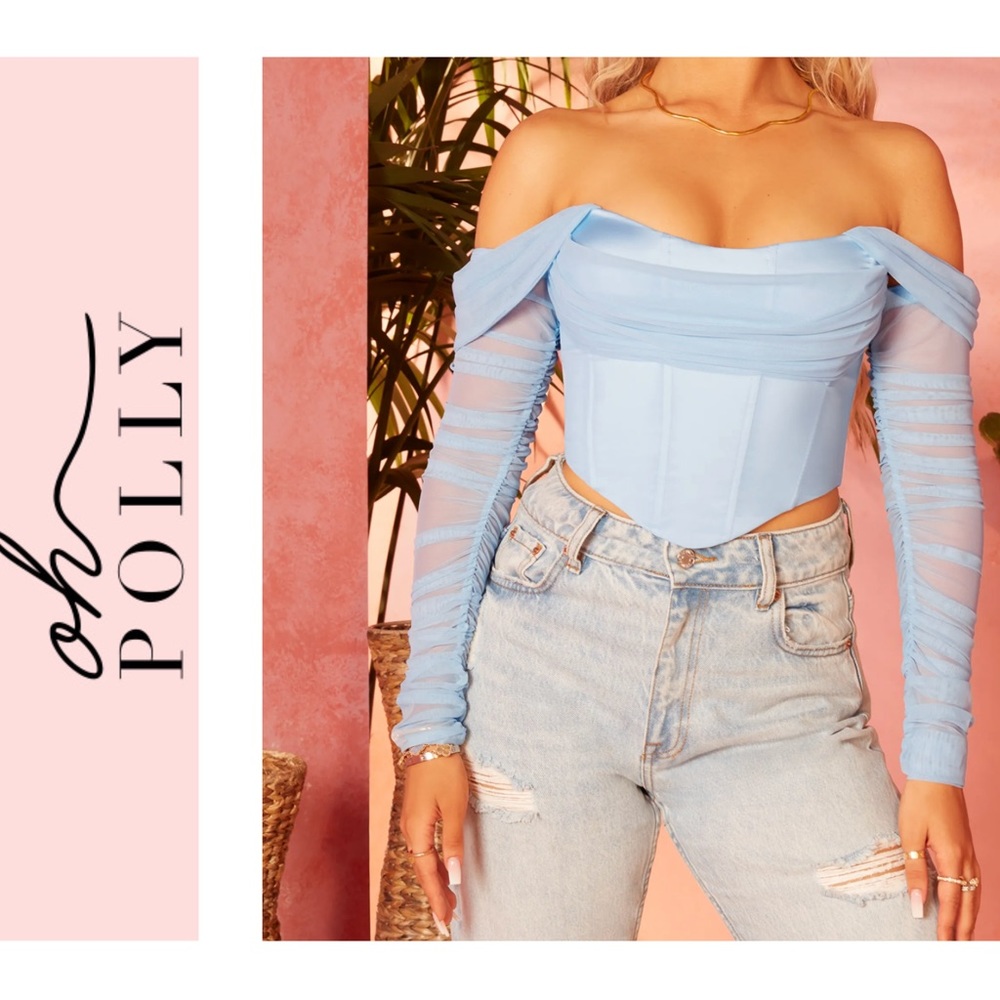 Oh Polly Mesh Bardot Crop Top Light Blue